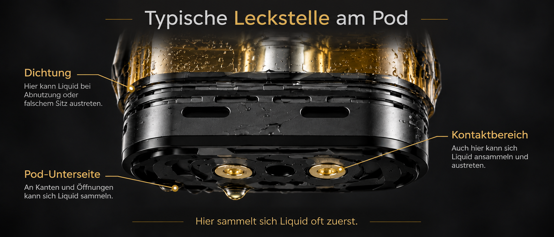 Typische Leckstellen an Dichtung, Pod-Unterseite und Kontaktbereich