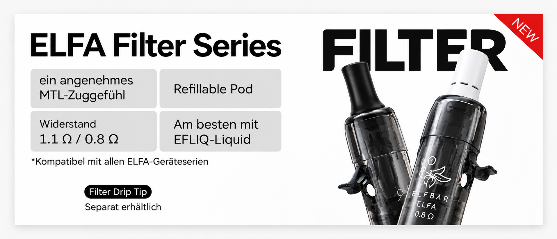 ELFA Filter Series Refillable Leerpods mit Filter-Mundstück in 0,8 und 1,1 Ohm